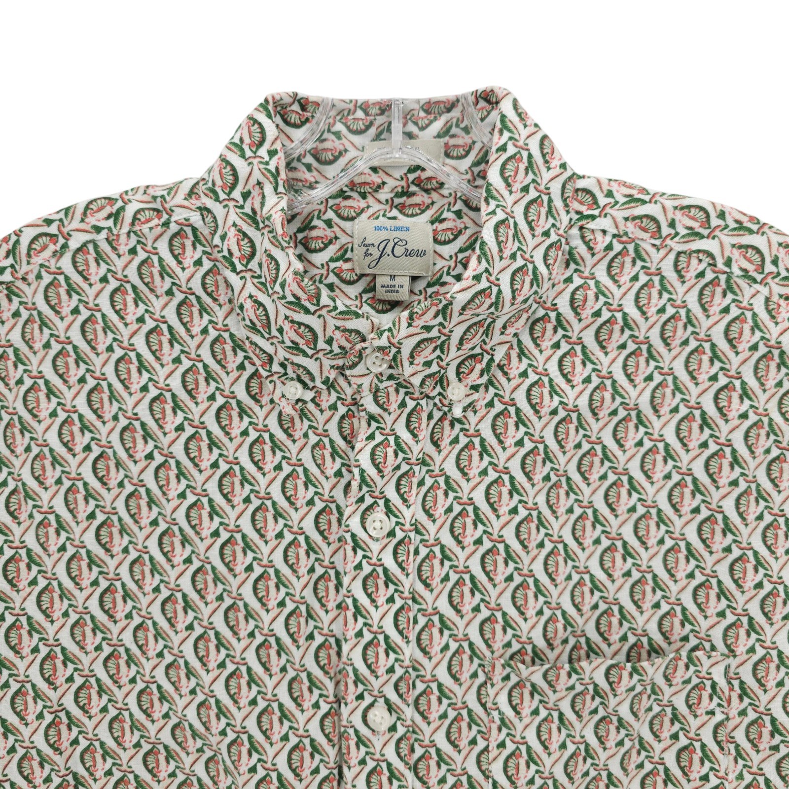 J. CREW 100% Linen SS Shirt Green Red White All Over Pattern Classic Fit MEDIUM