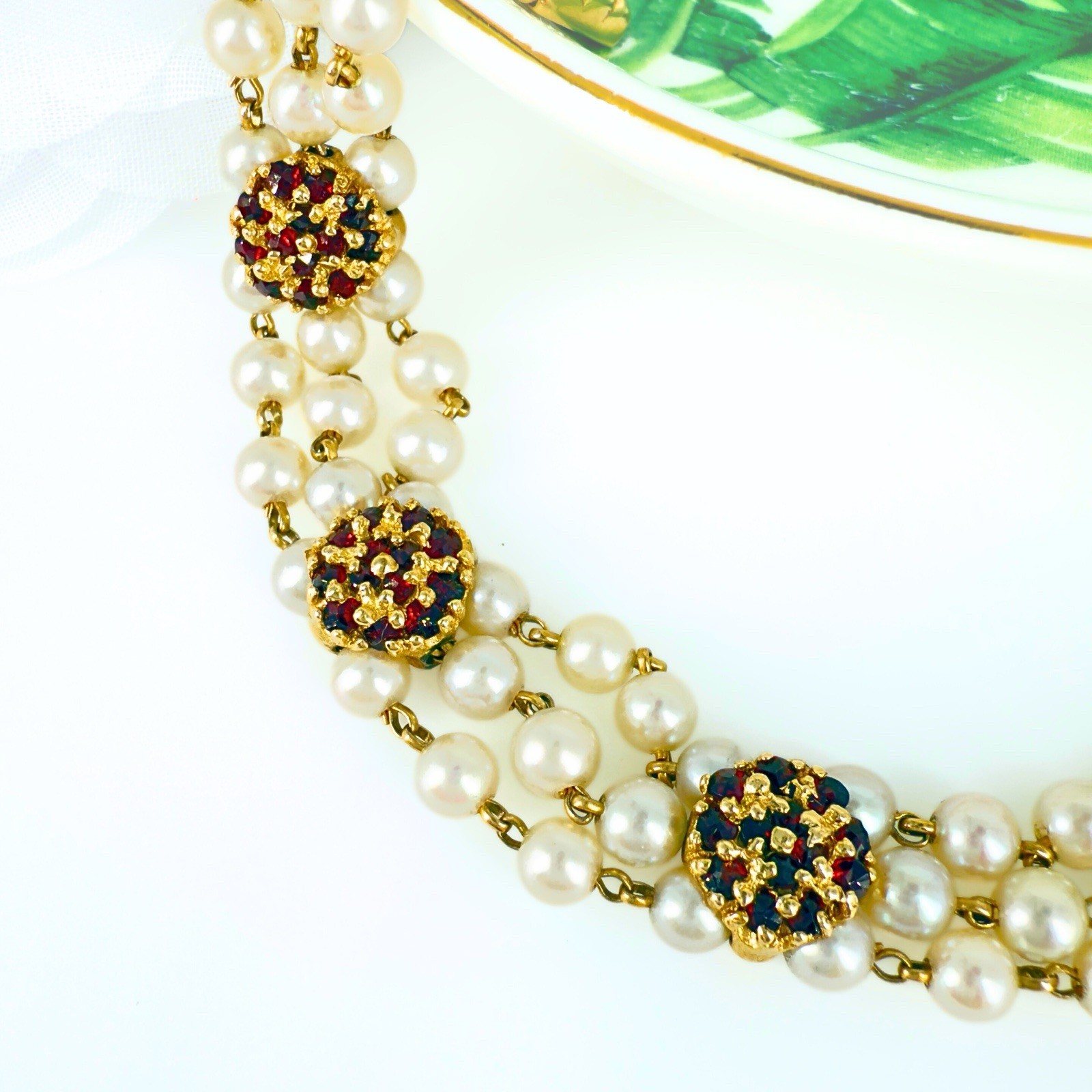 14k Gold Vintage Akoya Pearl 3-Row Bracelet & Garnet Slide Bracelet Charms - Picture 3 of 10