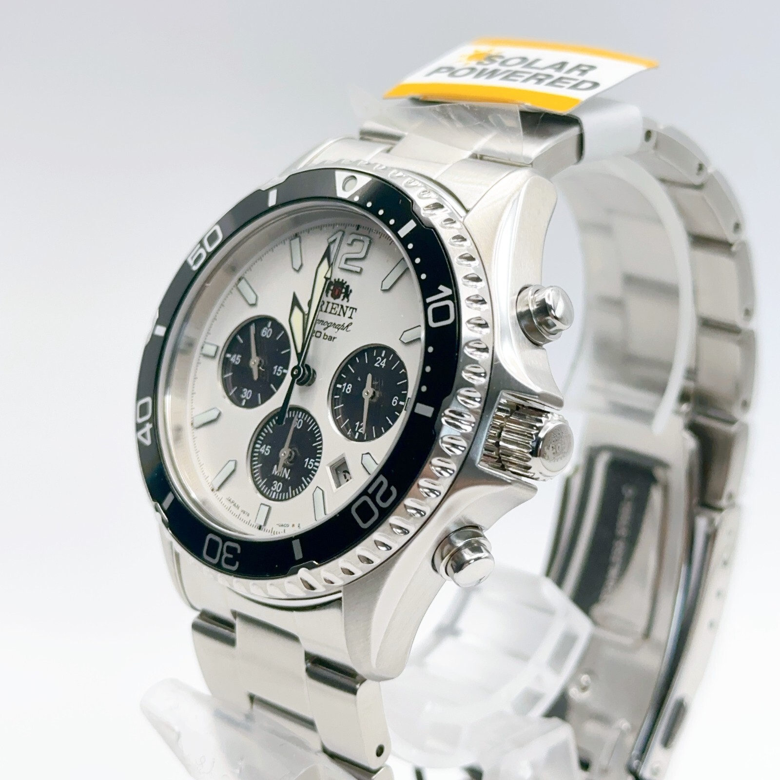 Pre-owned Orient Mako Rn-tx0203s Chronograph Solar Watch Panda Dial White Black Mens Watch