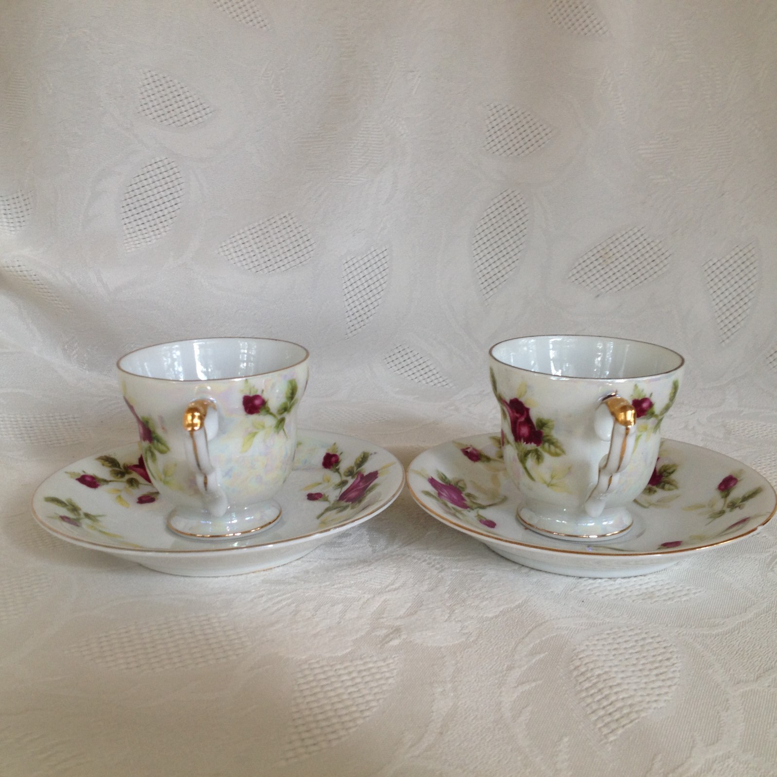 PAIR OF TMJ IRIDESCENT GOLD TRIM FLORAL ROSE DEMITASSE CUP AND SAUCER JAPAN