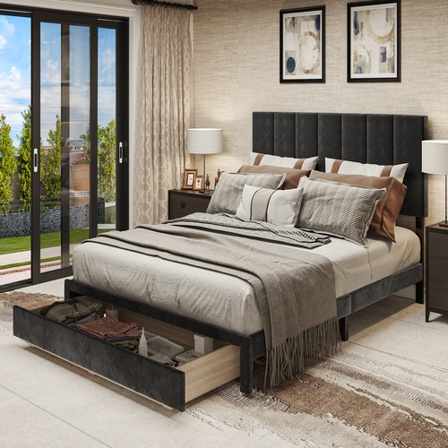 Height Adjustable Headboard Storage Drawer Upholstered Platform
