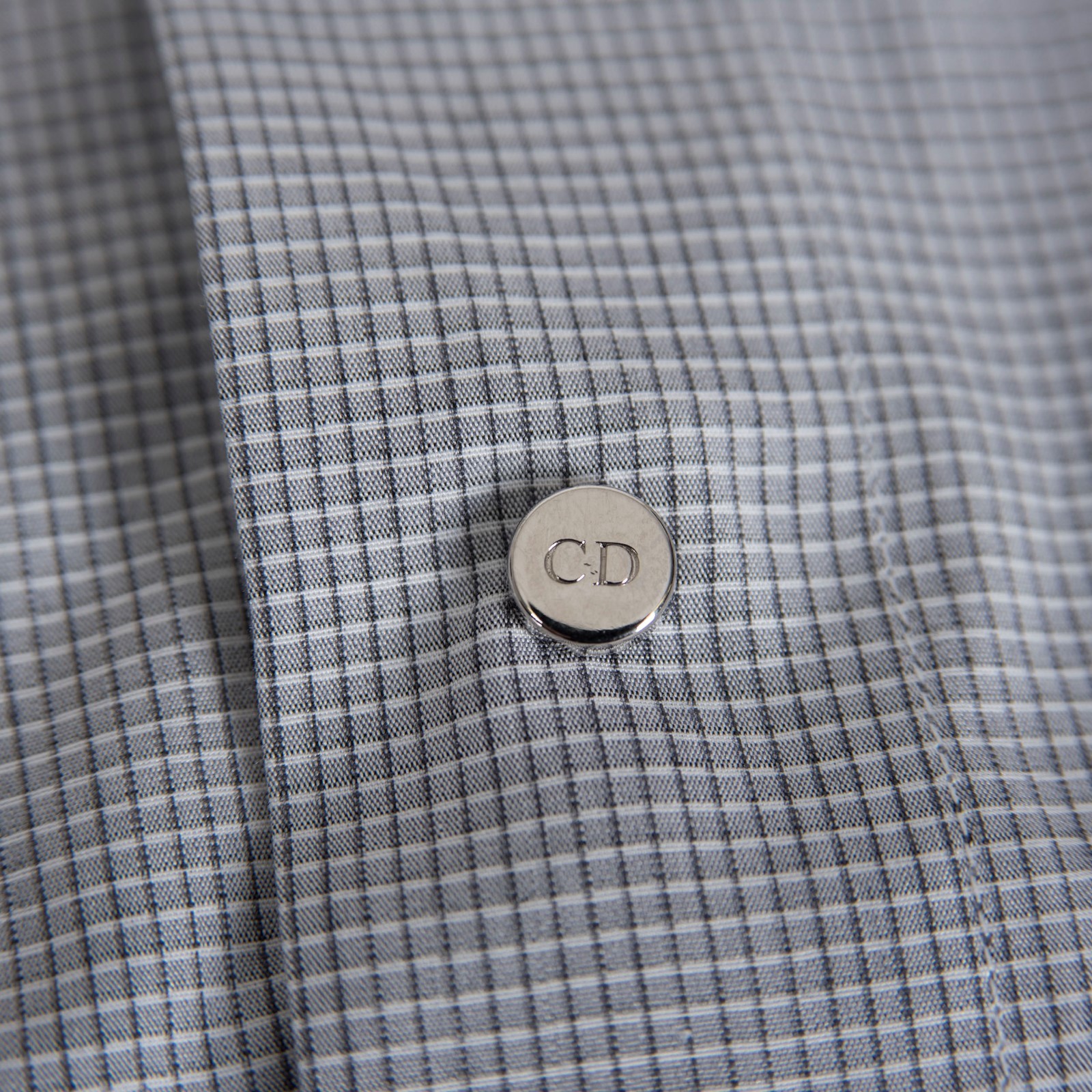 Pre-owned Dior 750$ Dress Shirt In Gray Micro Check Cotton Palladium-finished Snap Buttons
