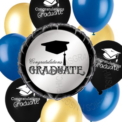 Graduation Party Balloons Table Decorations Pack Blue Gold Black Helium Foil