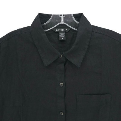 ATHLETA Black Retreat Linen Top Button Up Shirt RELAXED Fit 2025 Season MEDIUM