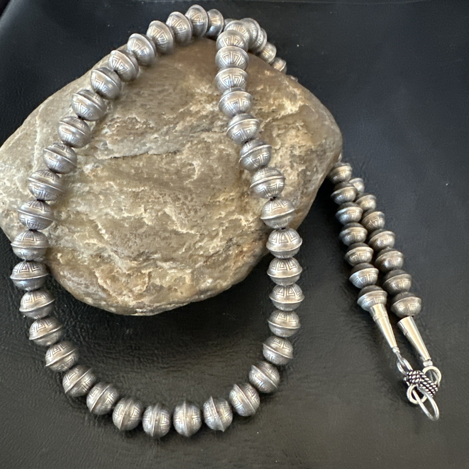 8mm Hand Stamped Bench Navajo Pearls Sterling Silver Bead Necklace