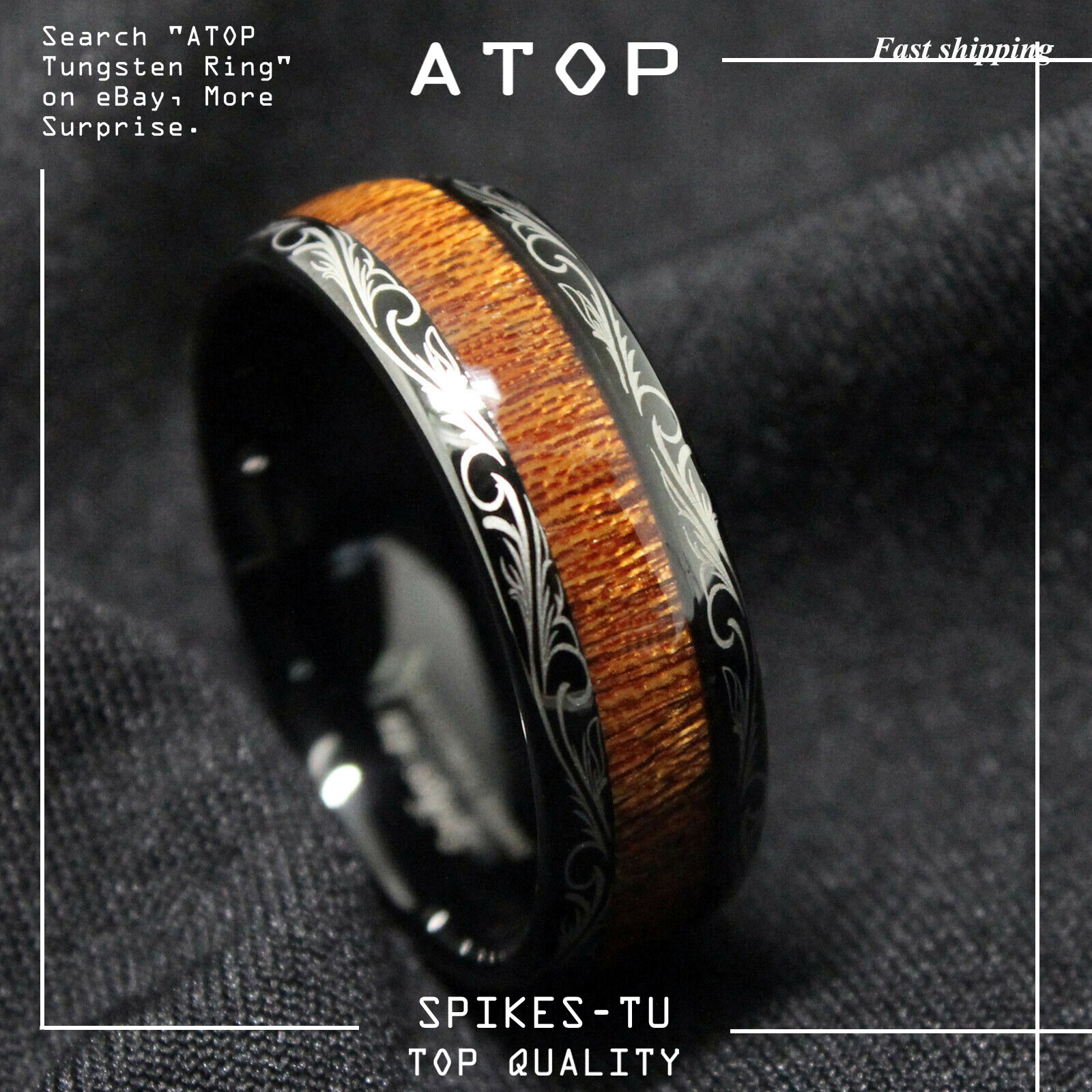 Black Tungsten carbide Ring Koa Wood Inlay Dome Wedding Band ATOP men's jewelry