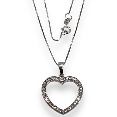 14k White Gold Open Heart Diamond Charm Pendant Necklace