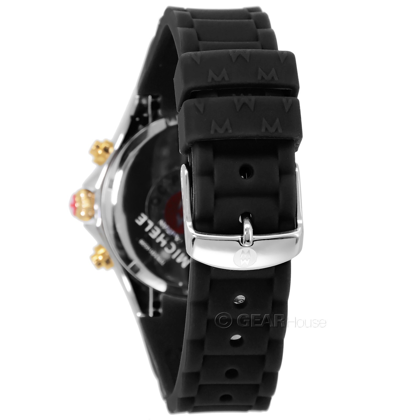 MICHELE Jelly Bean Womens Chronograph Watch Two Tone Gold Silver, Black Silicone