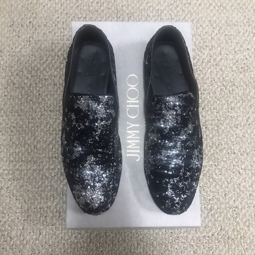 Jimmy Choo Black Glitter Slip-On Loafers JIMMY CHOO Size 11 Velvet Glitter Devore Sloan Black Silver  main image 3