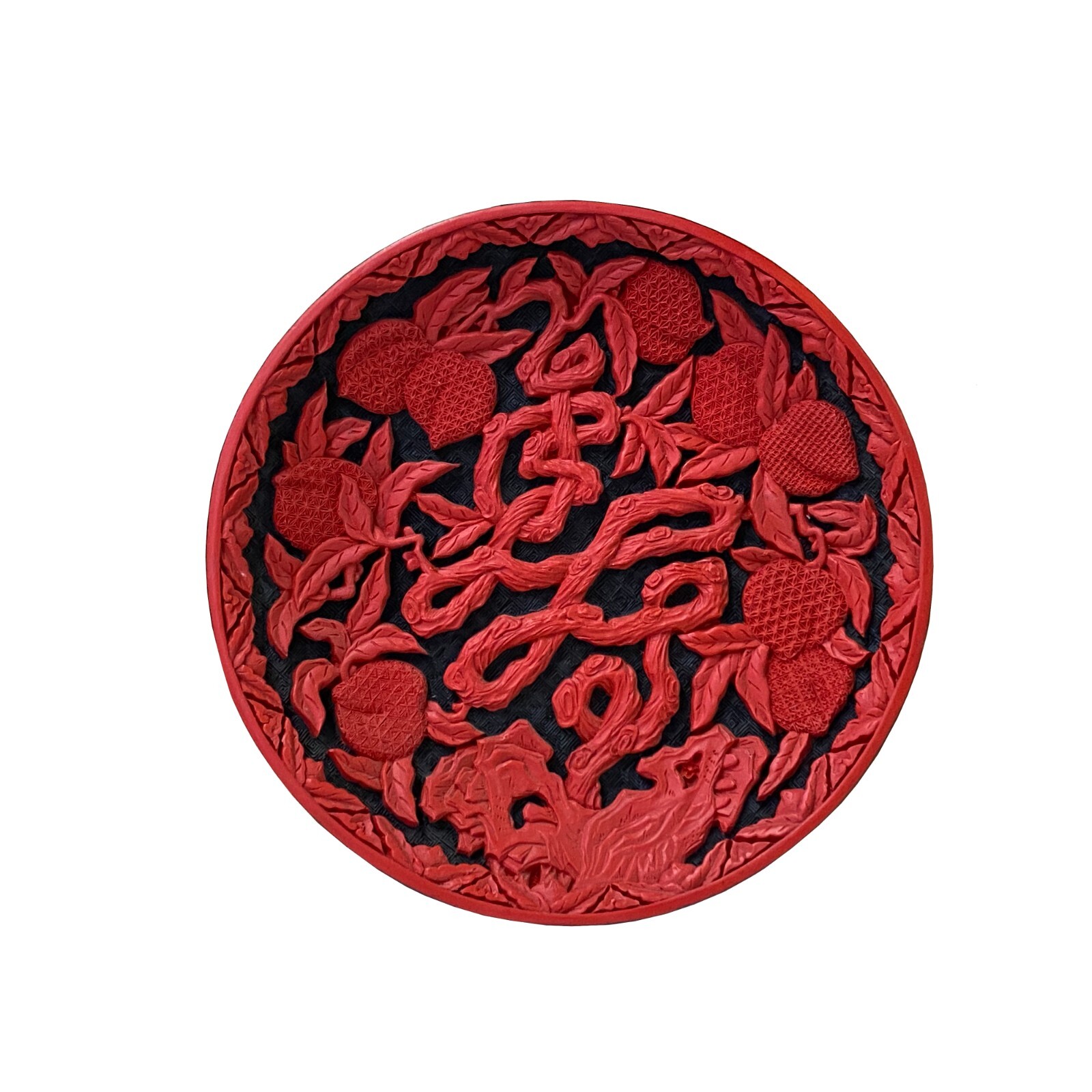 Chinese Red Resin Lacquer Round Peach Tree Relief Carving Accent Plate ws3349S Chinese Red Resin Lacquer Round Peach Tree Relief Carving Accent Plate ws3349S