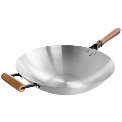 Sangerfield 14in Stainless Steel Flat Bottom Wok with Wooden Handles Hot