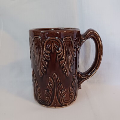 Antique Bennington Rockingham Stoneware Brown Glaze Acanthus Leaf Mug 5''