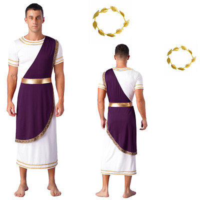 US Mens Ancient Greek Roman God Toga Costume Emperor Caesar Dress with Headband 