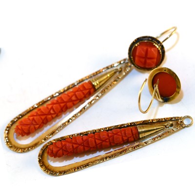 AMAZING long DAY/NIGHT Georgian CARVED CORAL 15k earrings