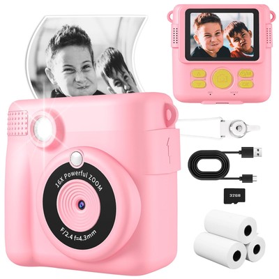 , Instant Print 2.4 Inch Screen 1080P Digital with 16X Digital Zoom, 32GB TF ...