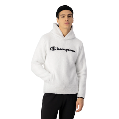 CHAMPION MENS LEGACY SCRIPT LOGO POLAR FLEECE HOODIE WHITE SHERPA TEDDY BEAR