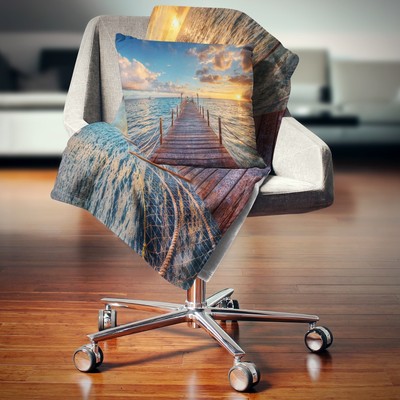 Designart 'Brilliant Sunrise over Sea Pier' Modern Throw Blue 71 in. x 59 in.