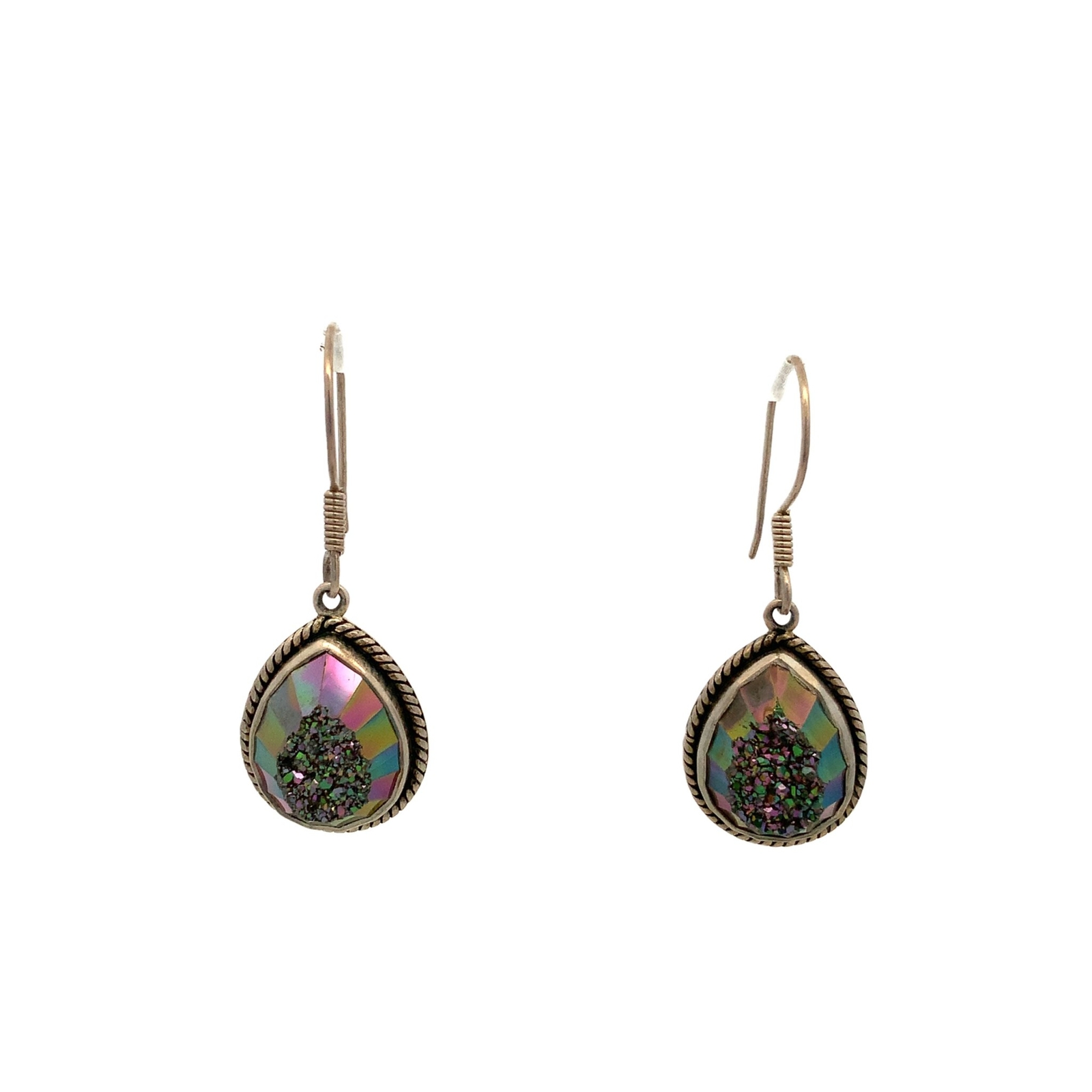 Vintage Sterling Silver Signed Sajen 925 Titanium Quartz Druzy Hook Earrings