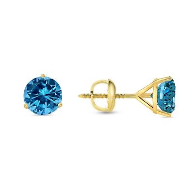 Pre-owned Shine Brite With A Diamond 2.75 Ct Round Cut Blue Earrings Studs Solid 14k Yellow Gold Screw Back Martini