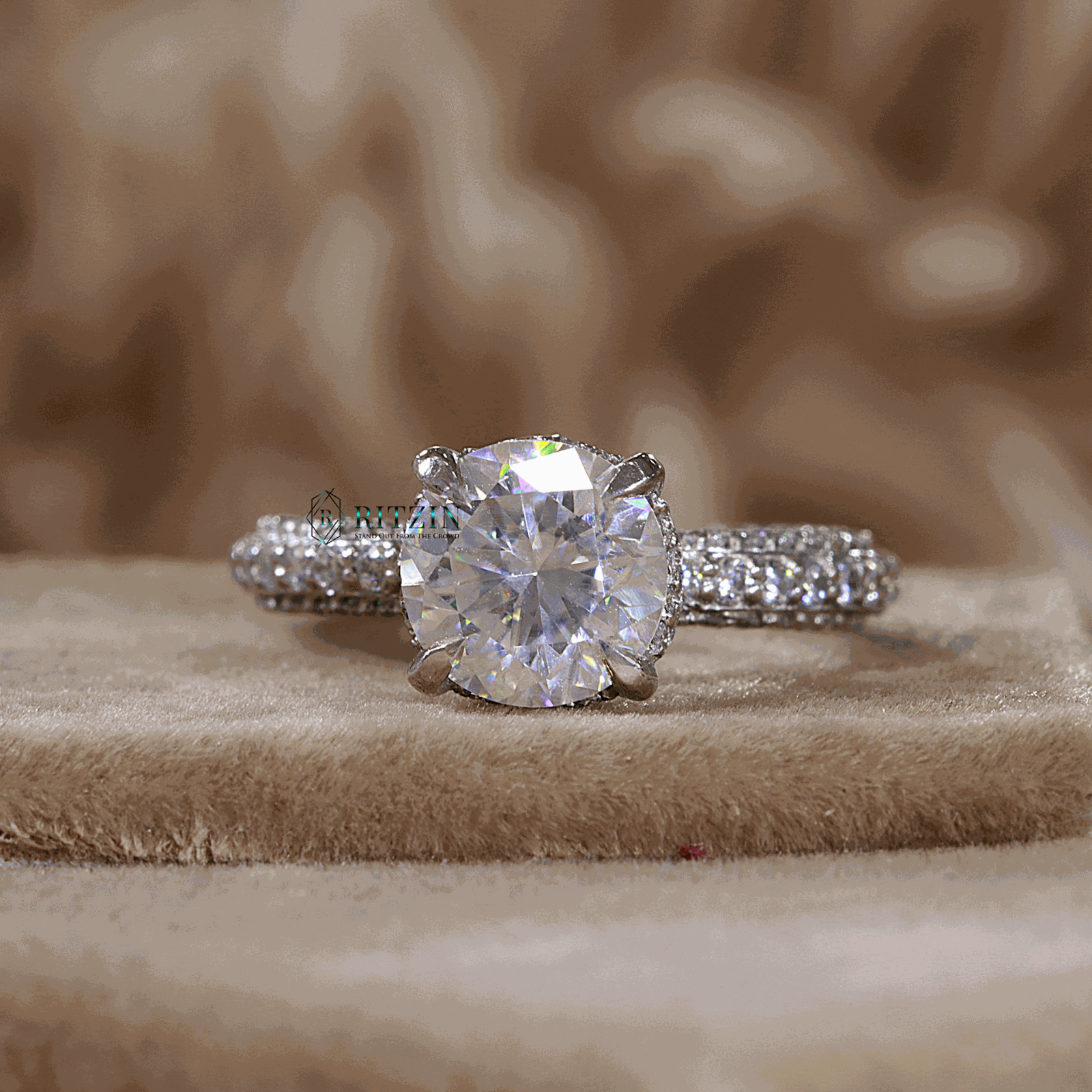 2.50 Ct Round 925 Silver Moissanite Hidden Halo With Accent Engagement Ring