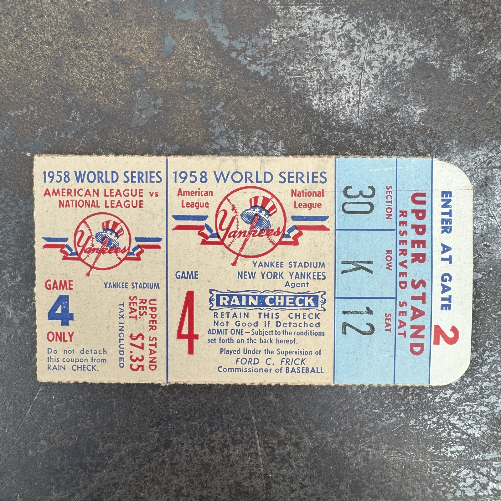 1958 World Series Game 4 Ticket Stub Yankees / Braves Warren Spahn / Whitey Ford