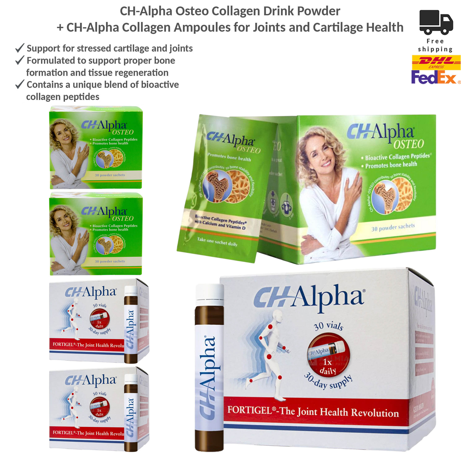 CH-Alpha Collagen Ampoules & Osteo Powder for Cartilage and Joints Health 3+3
