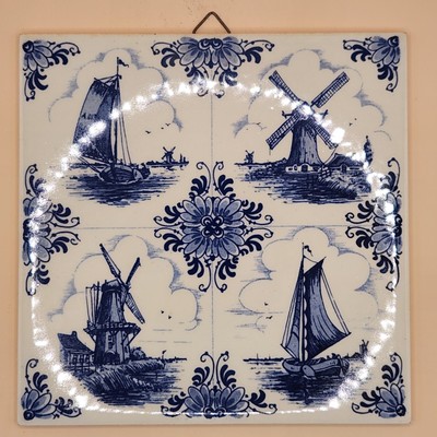 Royal Delft Hand Painted Blue / White Windmill Boat Landscape 6'' Square Tile #2