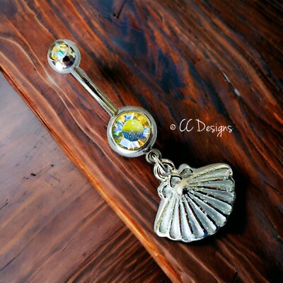 14g aurora borealis cz dangle white sparkle clam shell belly ring (B54)