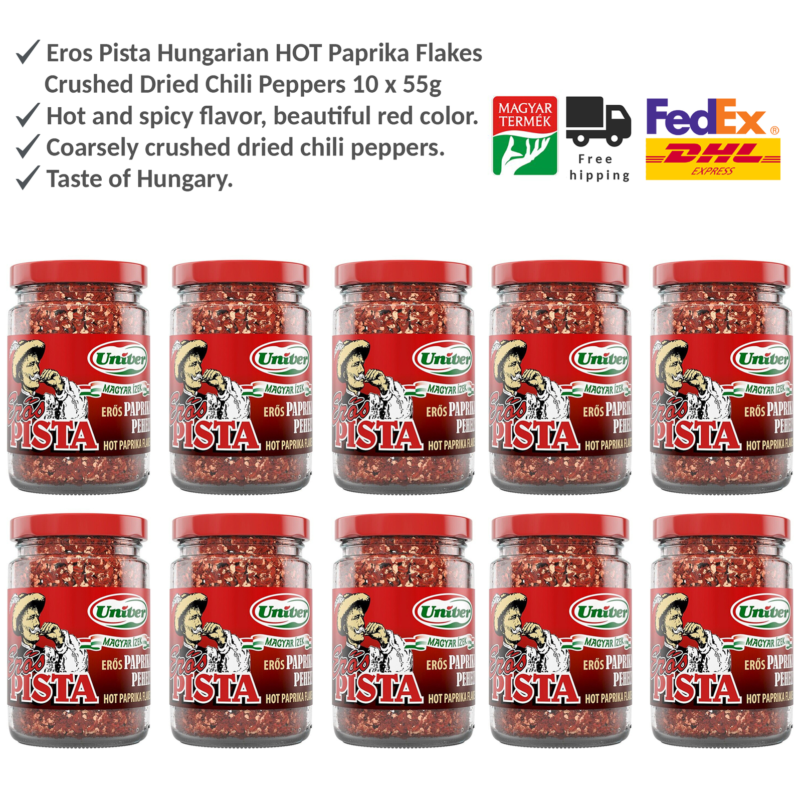 Eros Pista Hungarian HOT Paprika Flakes Crushed Dried Chili Peppers - 10 x 55g