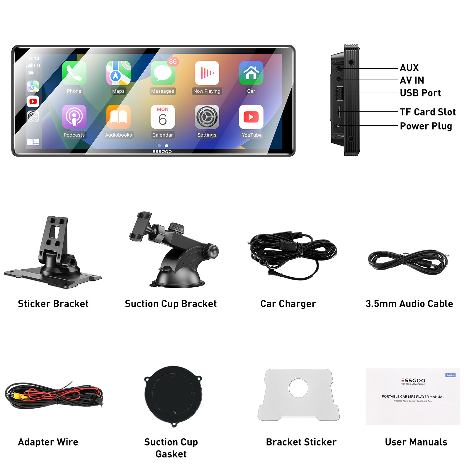 10" Portable Wireless Apple Carplay Car Stereo Android Auto Radio GPS Navigation