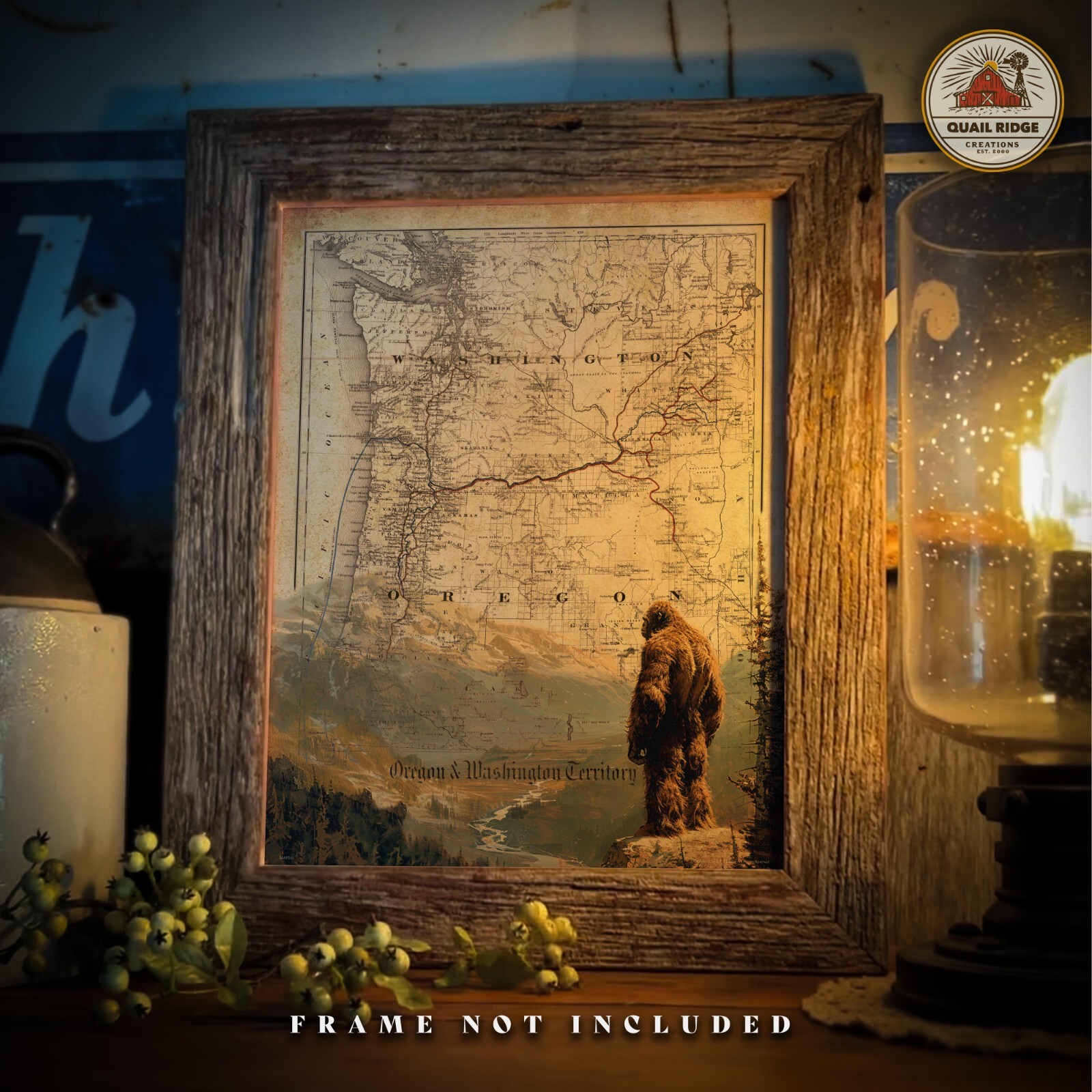 Sasquatch Bigfoot Art Print Vintage Washington Oregon State Map Wall Decor Gift