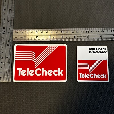 Vintage TeleCheck Stickers Pair 1 is reversible 4 in x 3 in 2nd  is 2.25 x 3.75