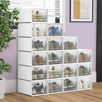 TAUS 18PCS Shoe Storage Box Stackable Plastic Shoe Organizer Box Medium Size