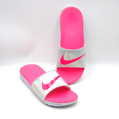 Nike Slides Men s Sz 12 Solarsoft Holographic Silver Pink Nike Logo Sample Rare