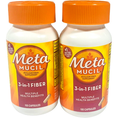 2 X Metamucil 3-in-1 Fiber Supp. Multiple Health Benefits 100 Capsules  EX 05/26