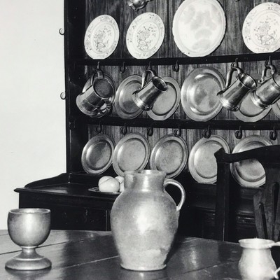 Vintage Black and White Photo Dishes Set Cabinet Dining Room Table Chairs 