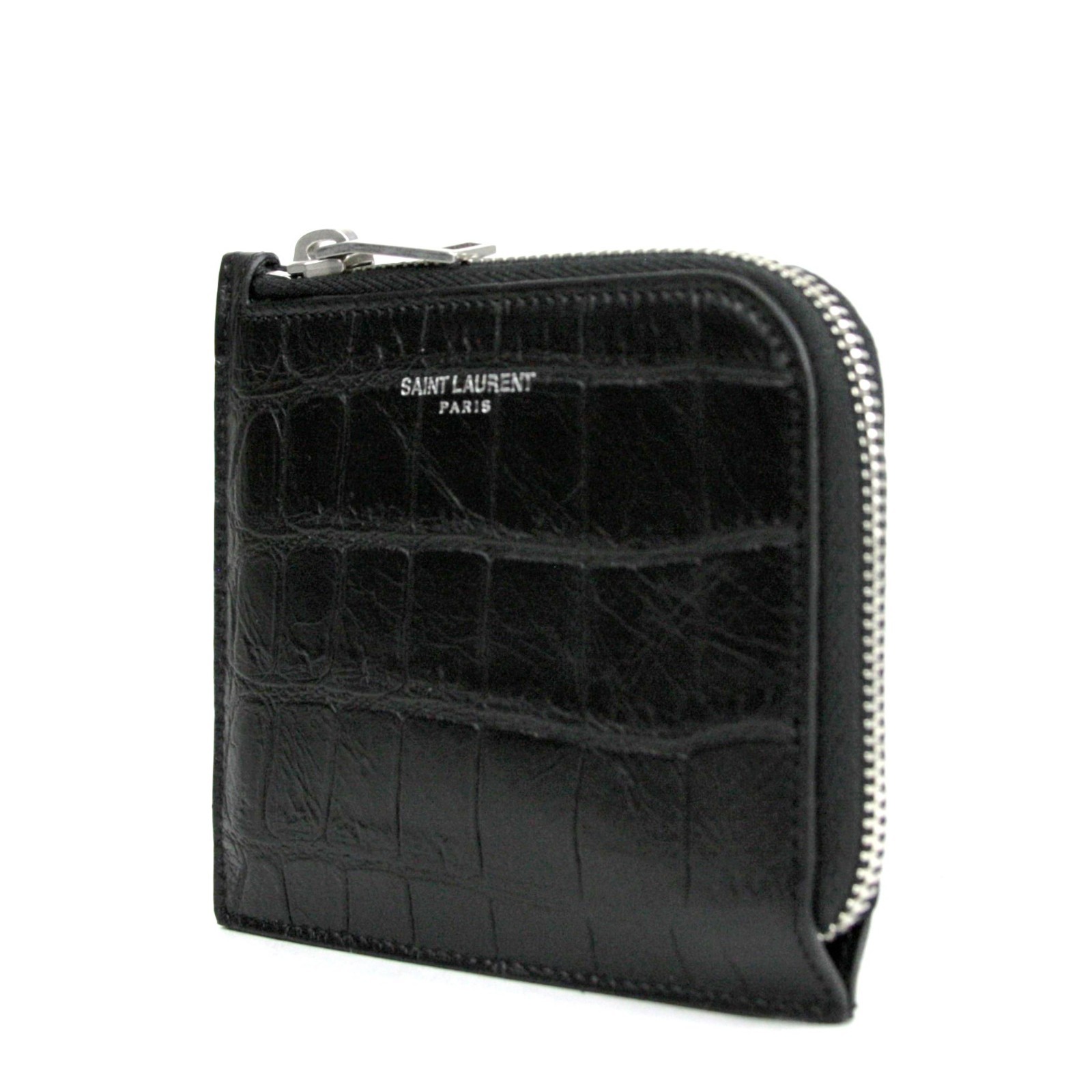 Pre-owned Saint Laurent Ysl Men's Black Leather Crocodile Imprint Card Case 396935 1000