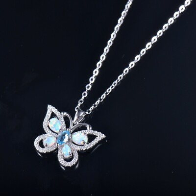 Pre-owned Jewe2004 Solid 14k White Gold Colorful Opal Butterfly Pendant Necklace With Chain 18 Inch