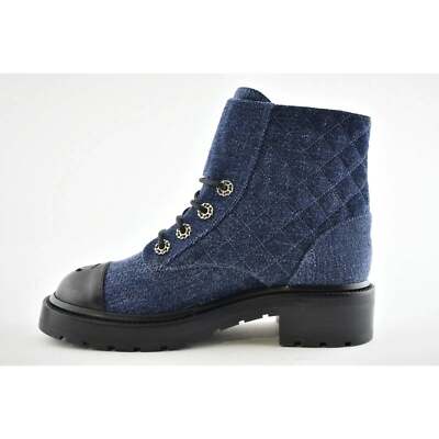 Pre-owned Chanel 21a Blue Black Quilted Cc Chain Combat Lace Up Tie Ankle Short Boots 39.5