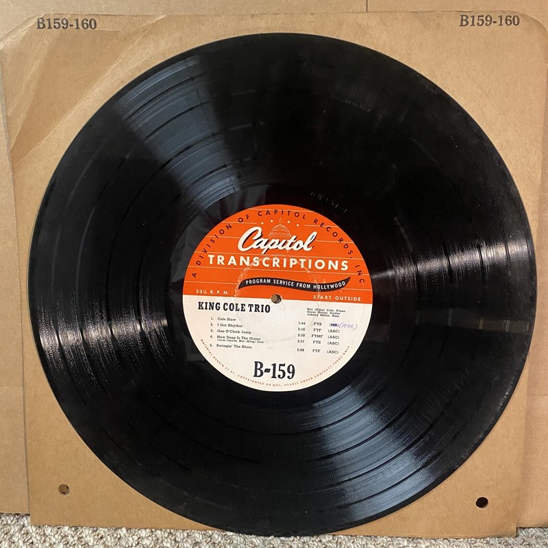 RARE 16” TRANSCRIPTION RECORD Nat King Cole Trio Capitol B-159 B-160 Oscar Moore