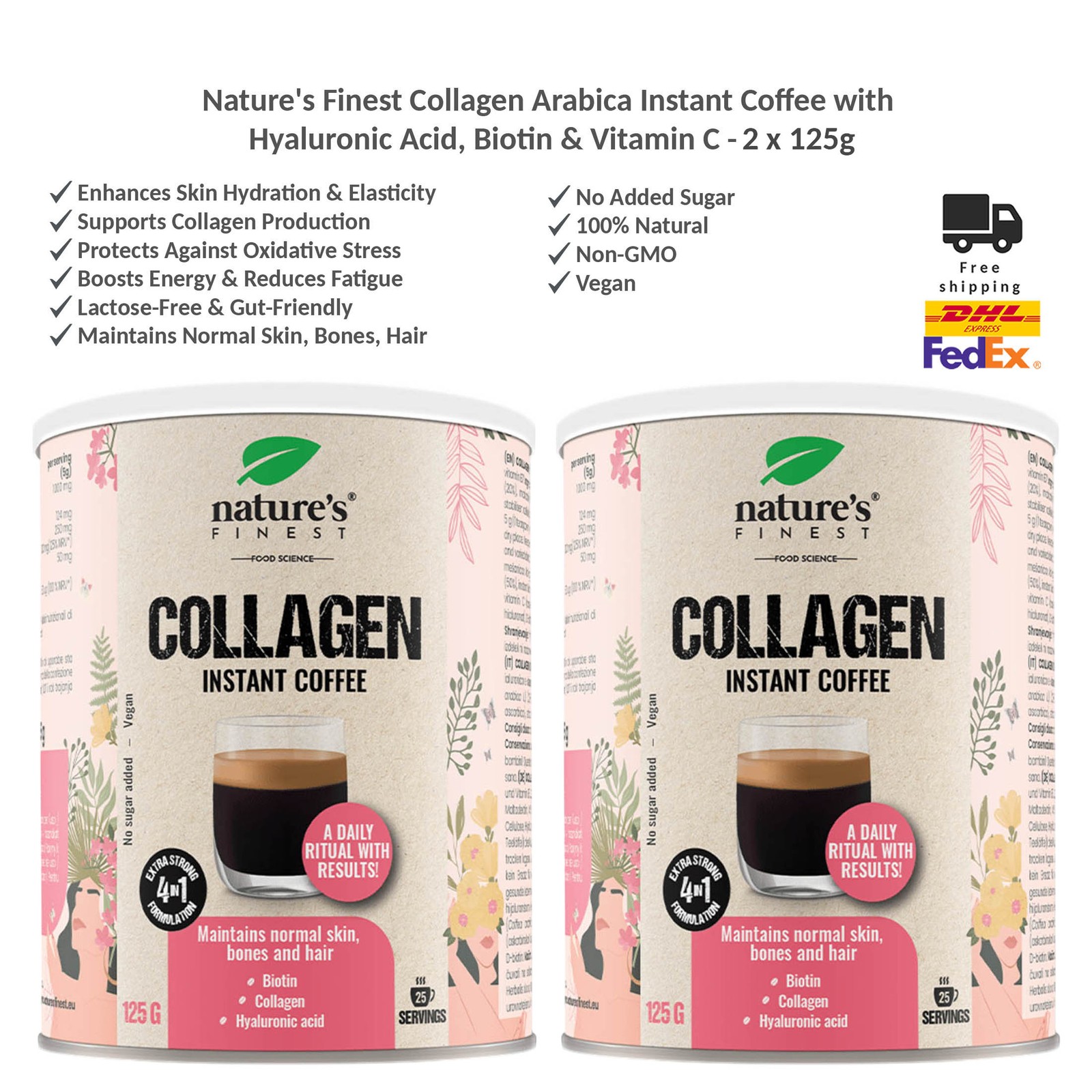 Nature's Finest Collagen Arabica Instant Coffee with Hyaluronic Acid, Biotin x2