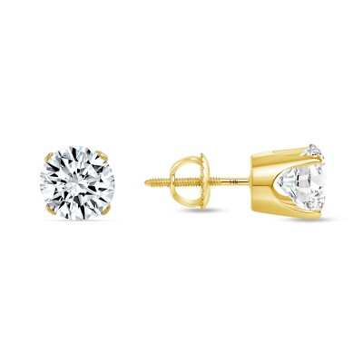 Pre-owned Shine Brite With A Diamond 2.25 Ct Round Cut Earrings Crown Set Studs Real Solid 14k Yellow Gold Screw Back In White/colorless