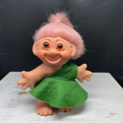Thomas Dam Thing Troll Good Luck Green Dress Pink Hair Amber Eyes Vintage 6 
