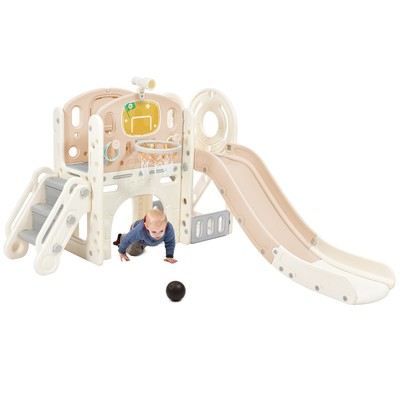 Kids Slide Playset, Freestanding Castle Climbing Playhouse with Arch Tunnel