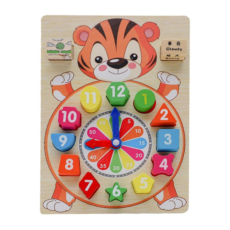 Kids Early Educational Wooden Clock Puzzle Cartoon Animal Tangram Digital Clock