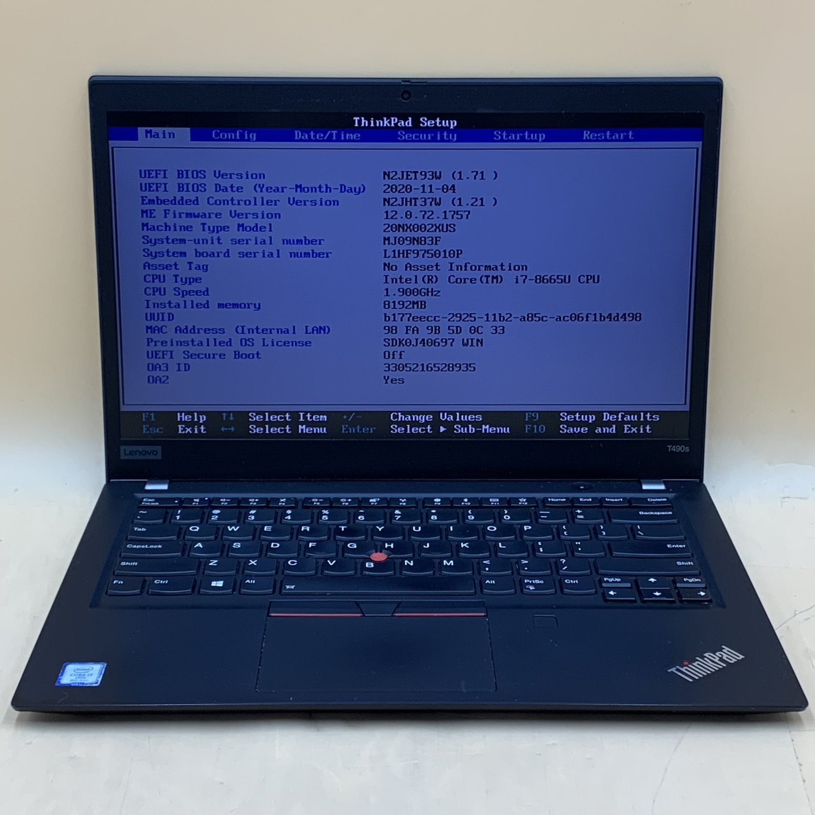 Lenovo ThinkPad T490s 20NX-002XUS i7-8665U 1.9GHz 8GB RAM 256GB SSD NVMe - Picture 1 of 7