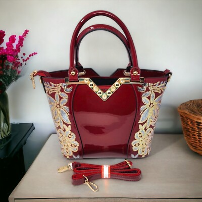 Red Patent Leather Shoulder Bag Double Handle Detachable Strap Embroidered