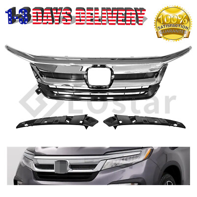 Front Bumper Grille For 2019 2020 2021 Honda Pilot Grill w/ Chrome Molding Trim