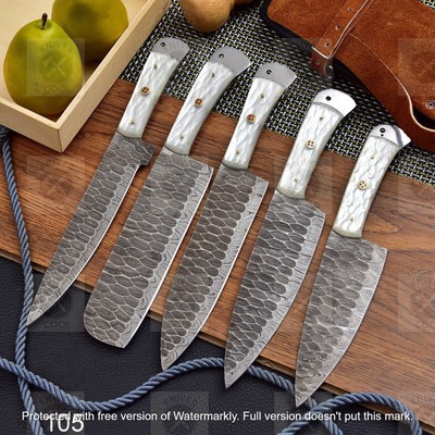 CUSTOM HANDMADE DAMSCUS STEEL, 05 PCS CHEF SET KNIVES WITH RAISEN HENDEL