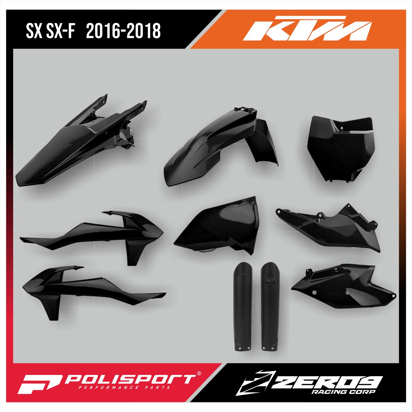 KTM PLASTICS KIT SX SX-F XC XC-F 2016-2018 INCLUDES FORK GUARDS BLACK